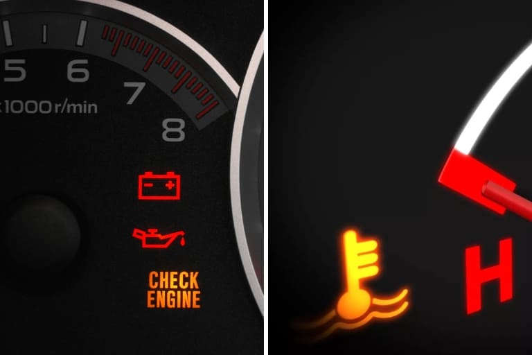 Check engine and temperature gauge warning lights on dashboard