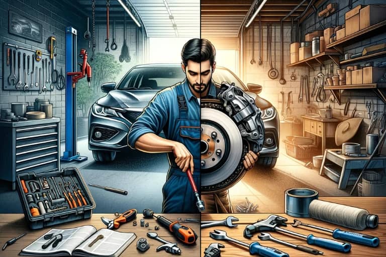 Split view of professional mechanic and DIY brake maintenance in garages